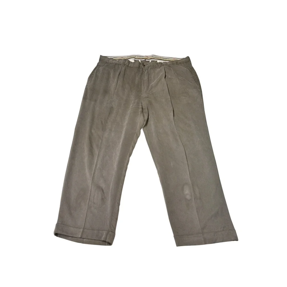 Tommy Bahama Mens 42x27 Pleated 100% Silk Trousers Taupe Gray Cuffed Relaxed Fit
